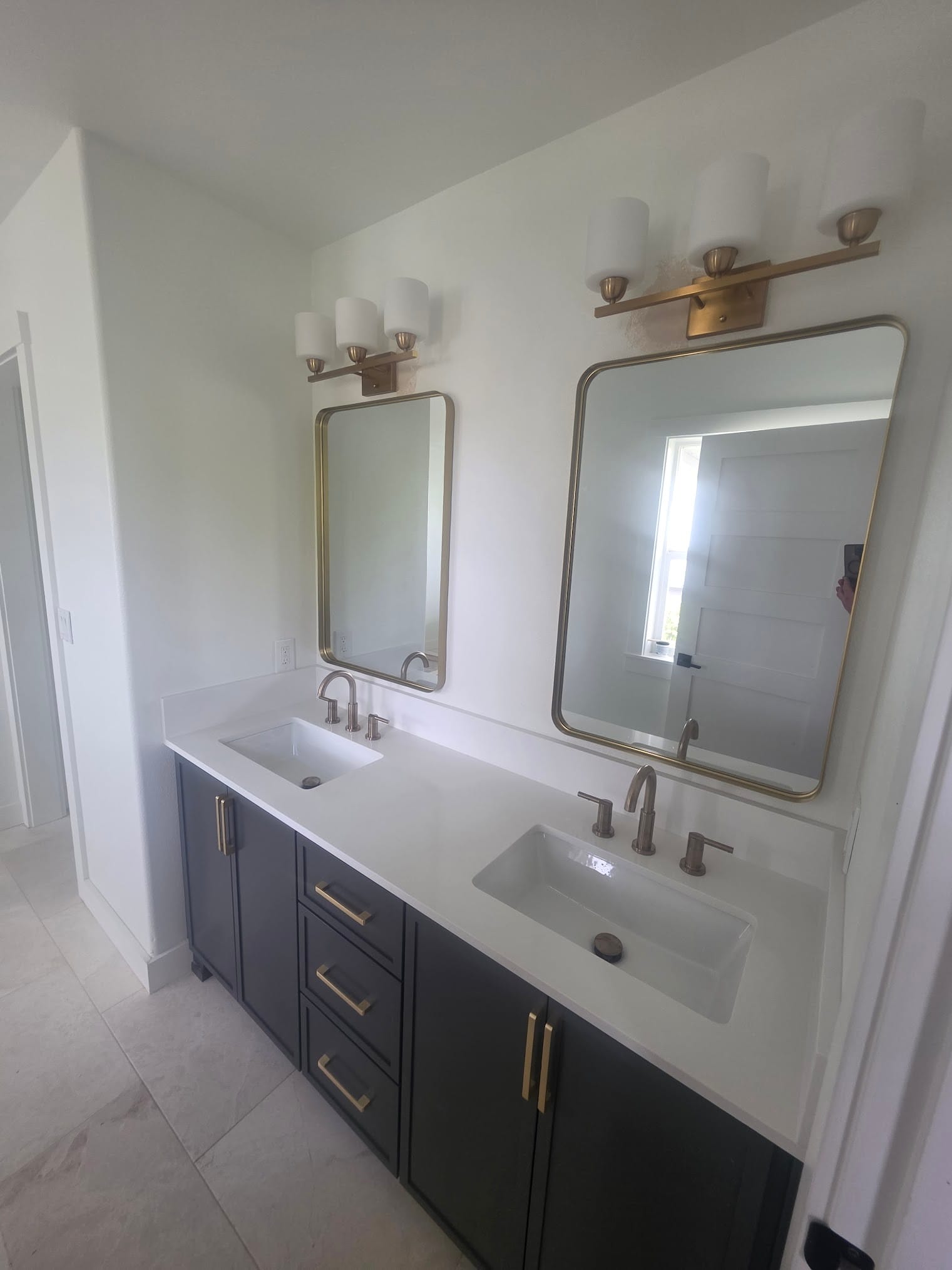 Navy vanity, gold accents