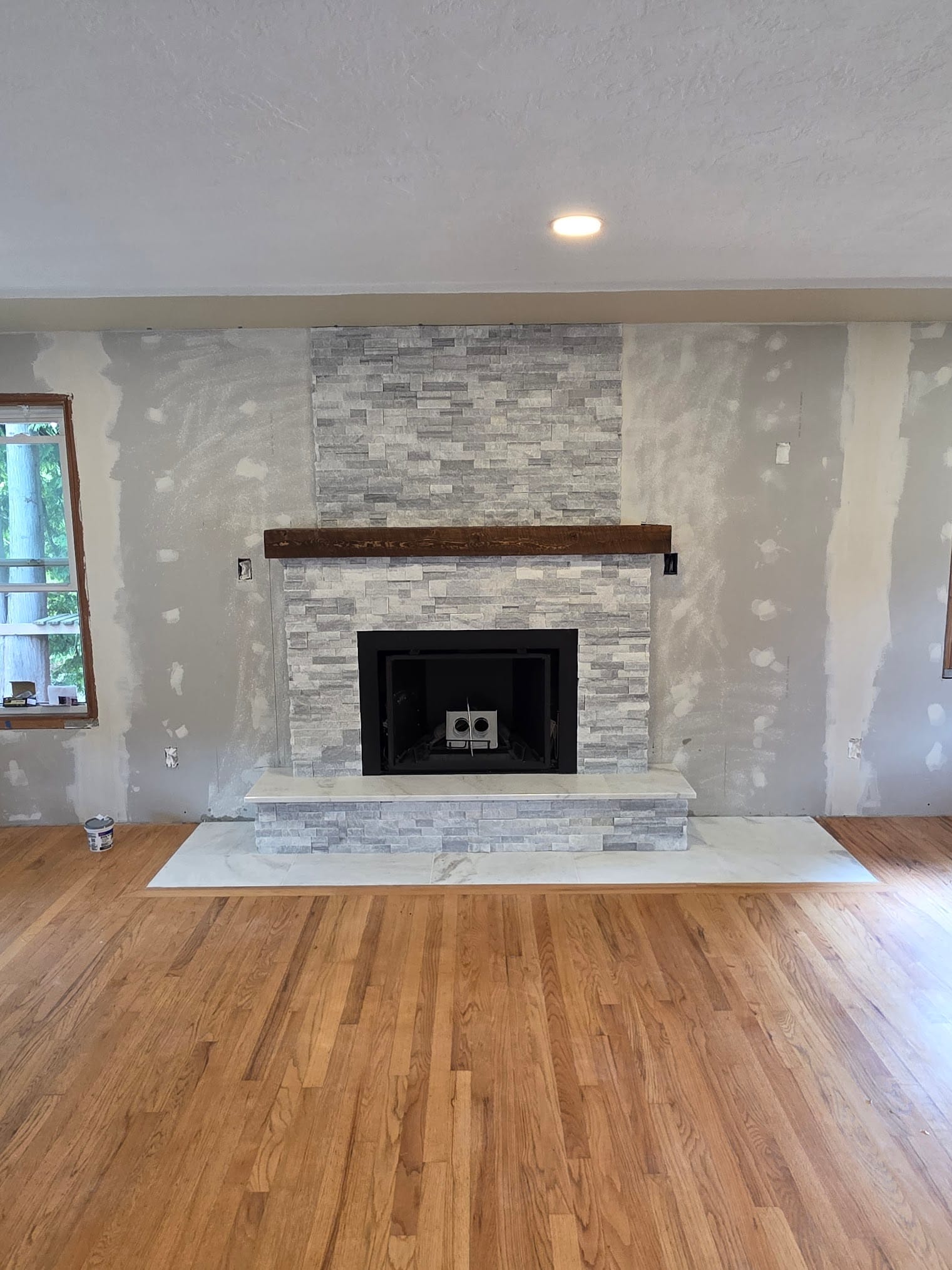 Stacked stone fireplace